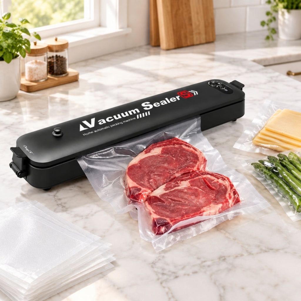 Selladora al vacio negra en la cocina sellando carne en bolsa