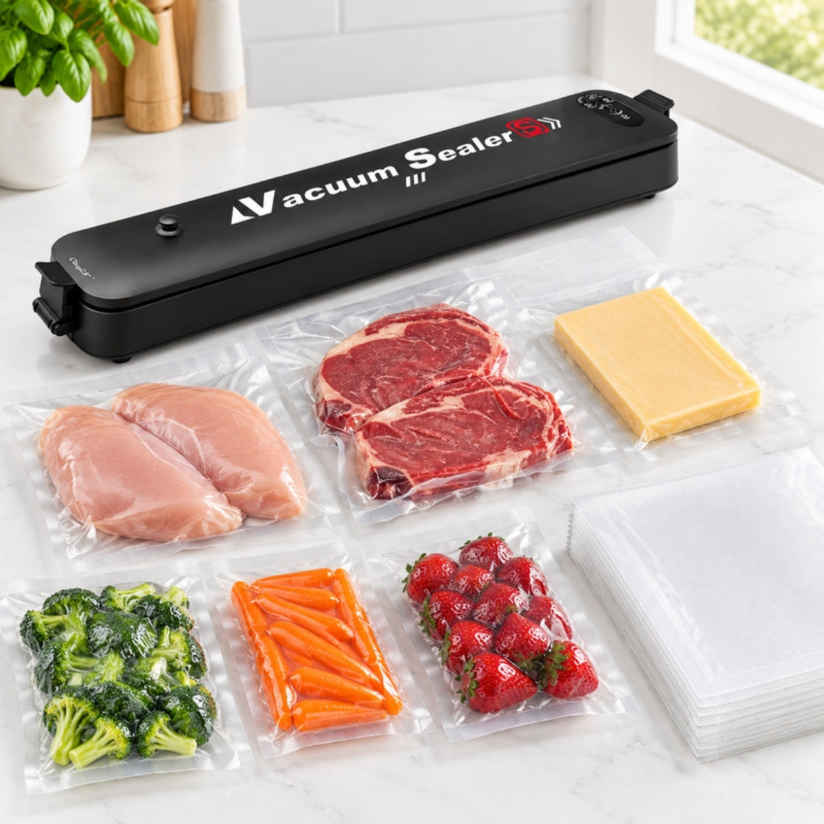 Selladora al vacio con carne, pollo, queso, verduras y fresas empacados al vacio