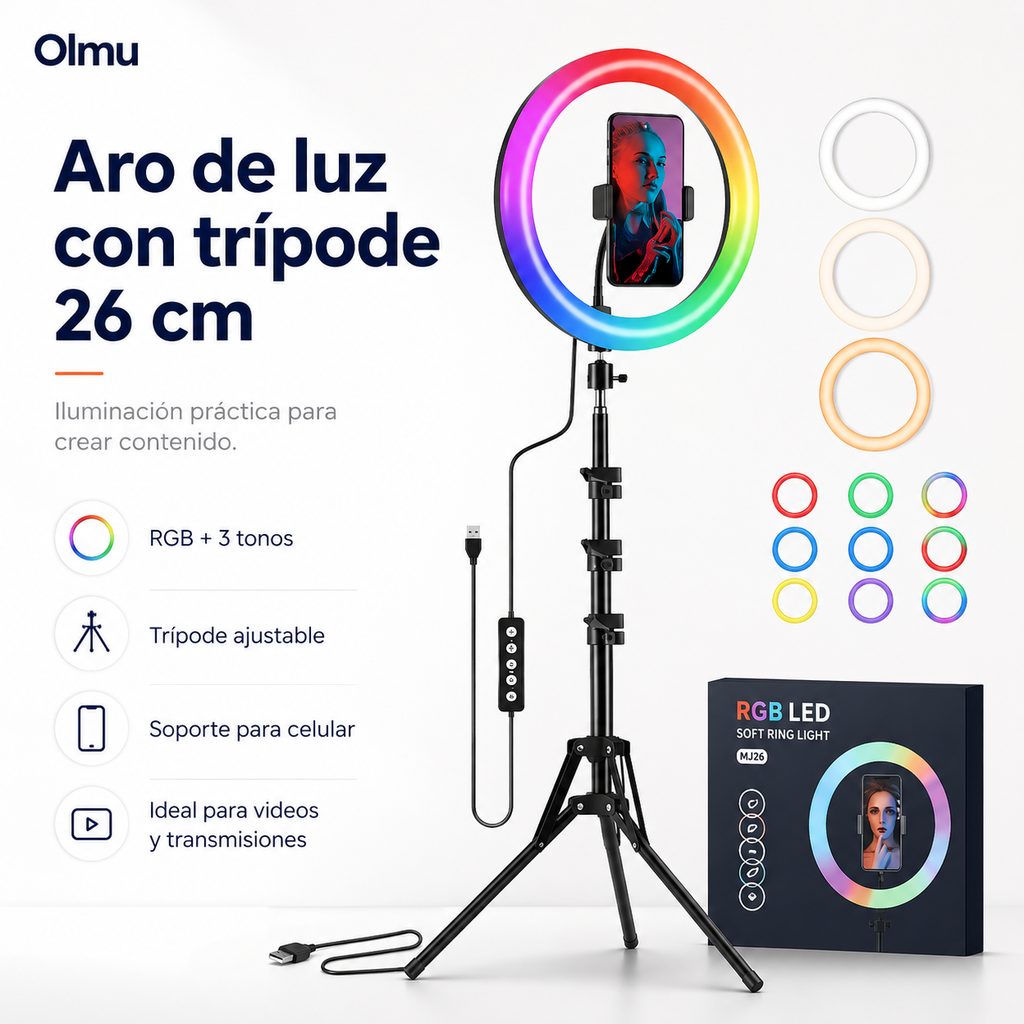Aro de Luz RGB 26 cm con Trípode Ajustable