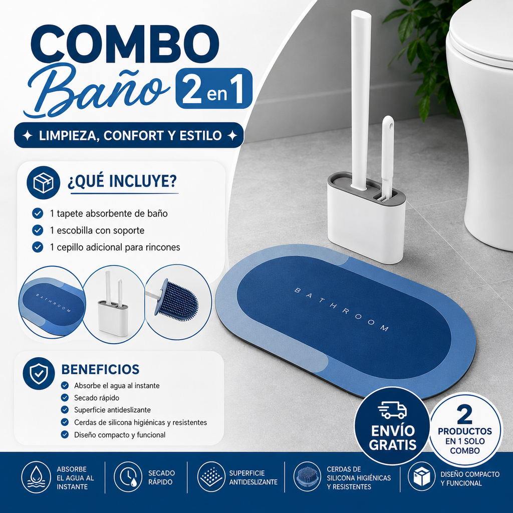 Combo Baño 2 en 1: Tapete Absorbente + Escobilla con Cepillo Adicional