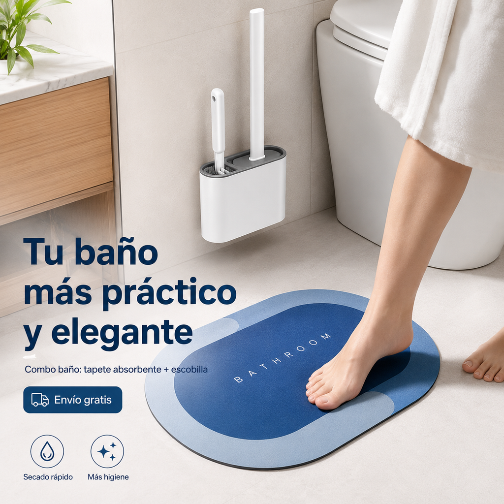 Combo Baño 2 en 1: Tapete Absorbente + Escobilla con Cepillo Adicional