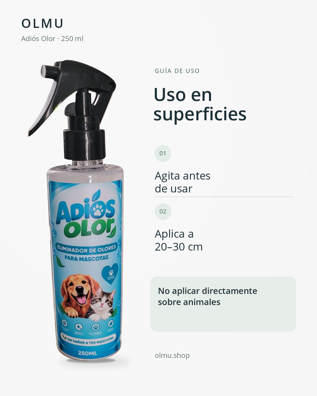 Guía de uso de Adiós Olor: agitar y aplicar sobre superficies a 20–30 cm