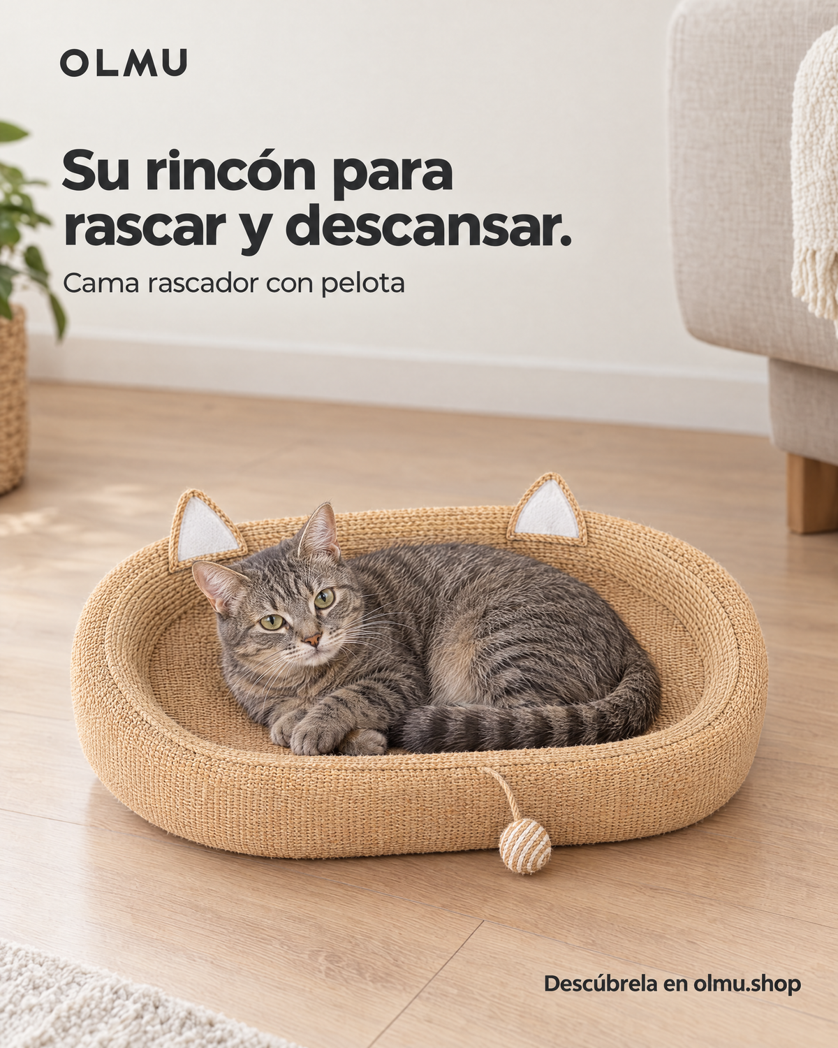 Gato descansando en cama rascadora de yute con orejitas y pelota colgante