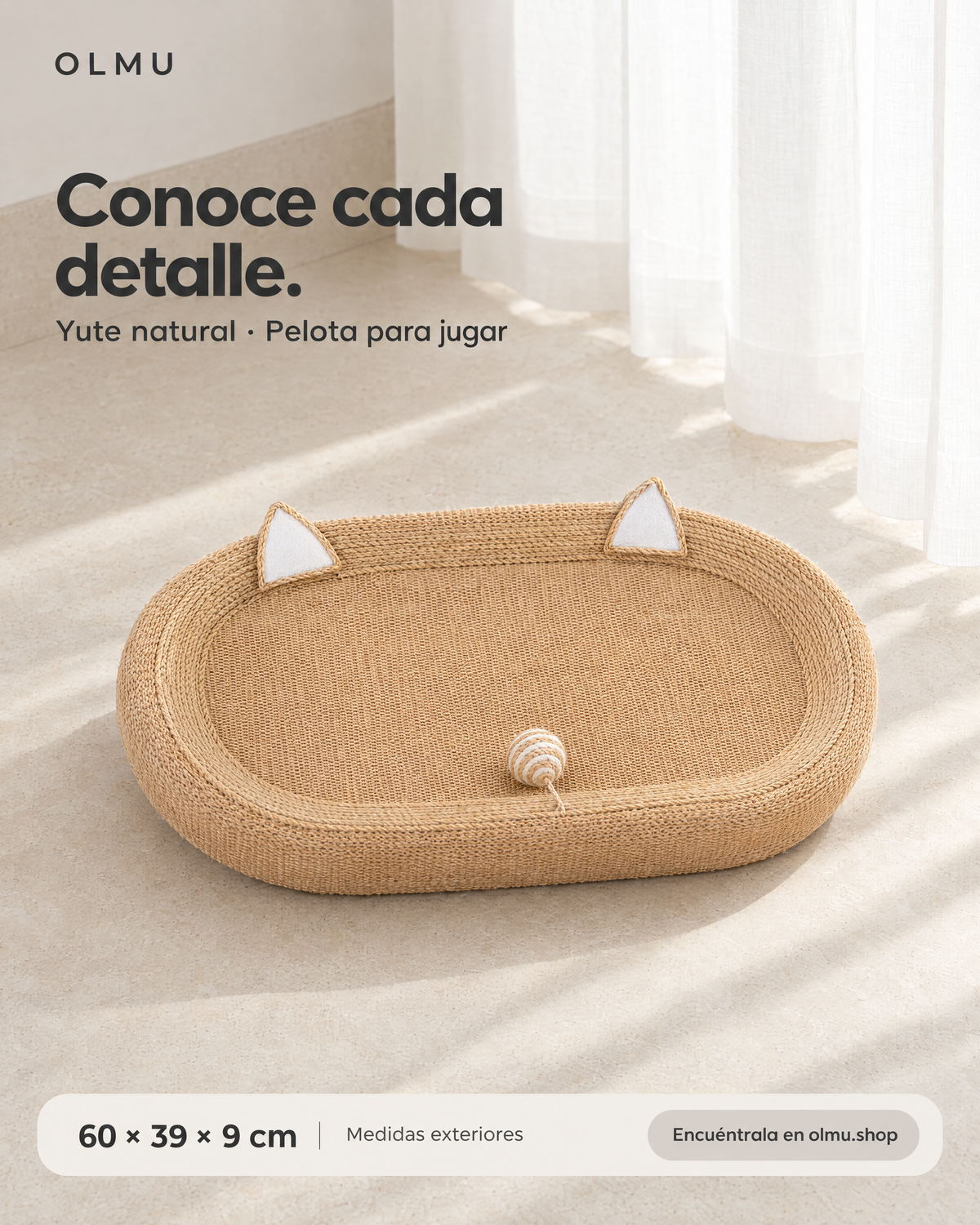 Cama rascadora para gatos de yute natural con pelota, medidas exteriores 60 × 39 × 9 cm