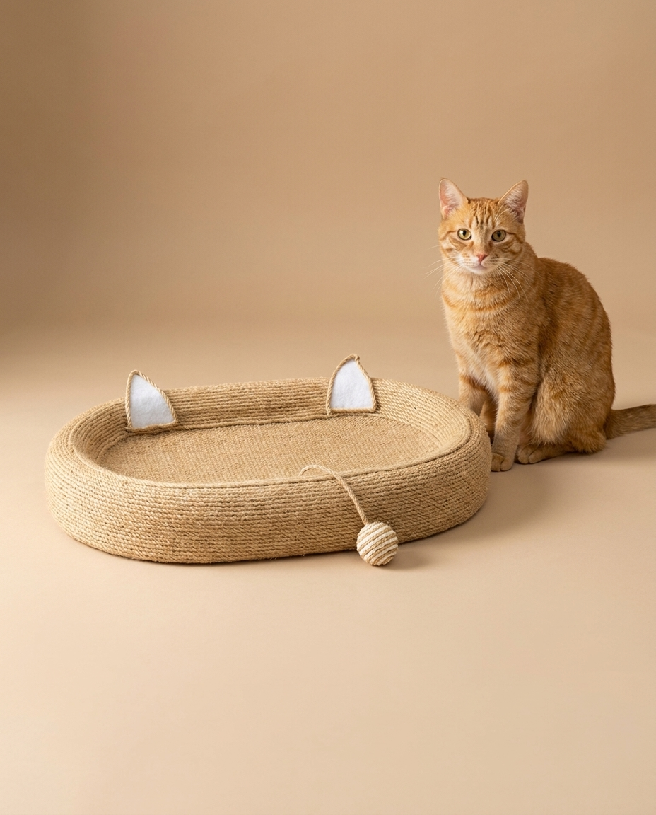 Cama rascadora ovalada de yute para gatos junto a un gato naranja