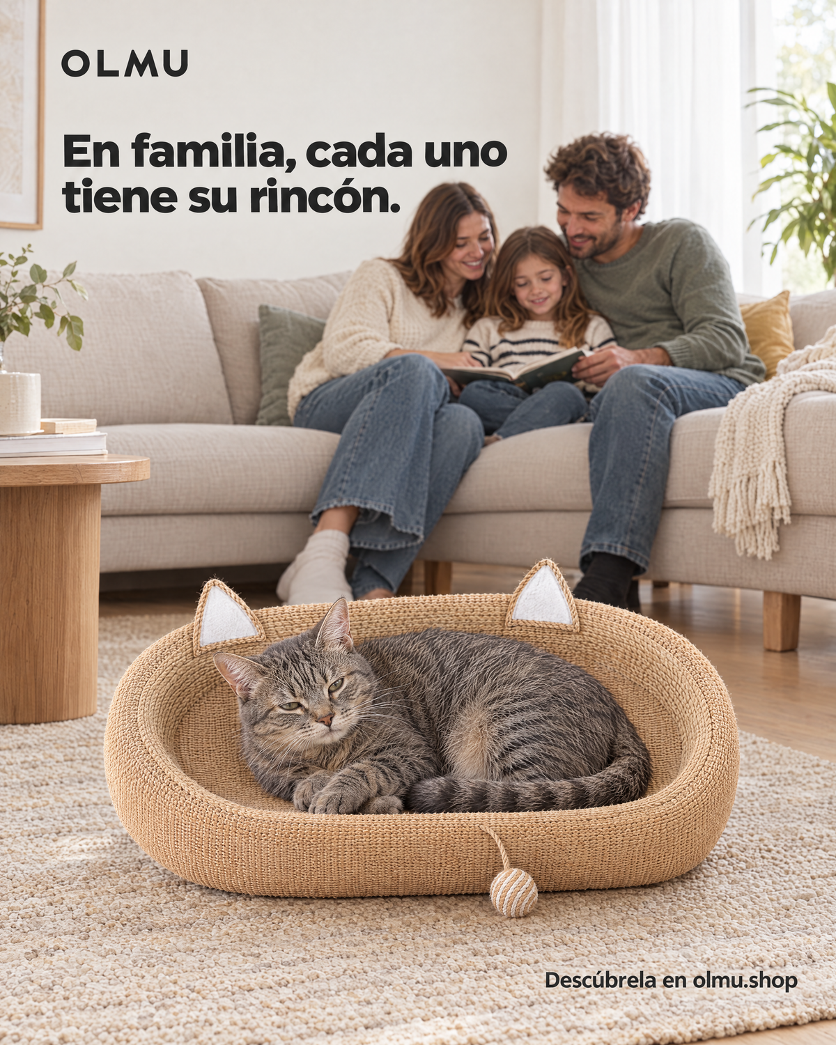 Gato durmiendo en su cama rascadora de yute en la sala de una familia