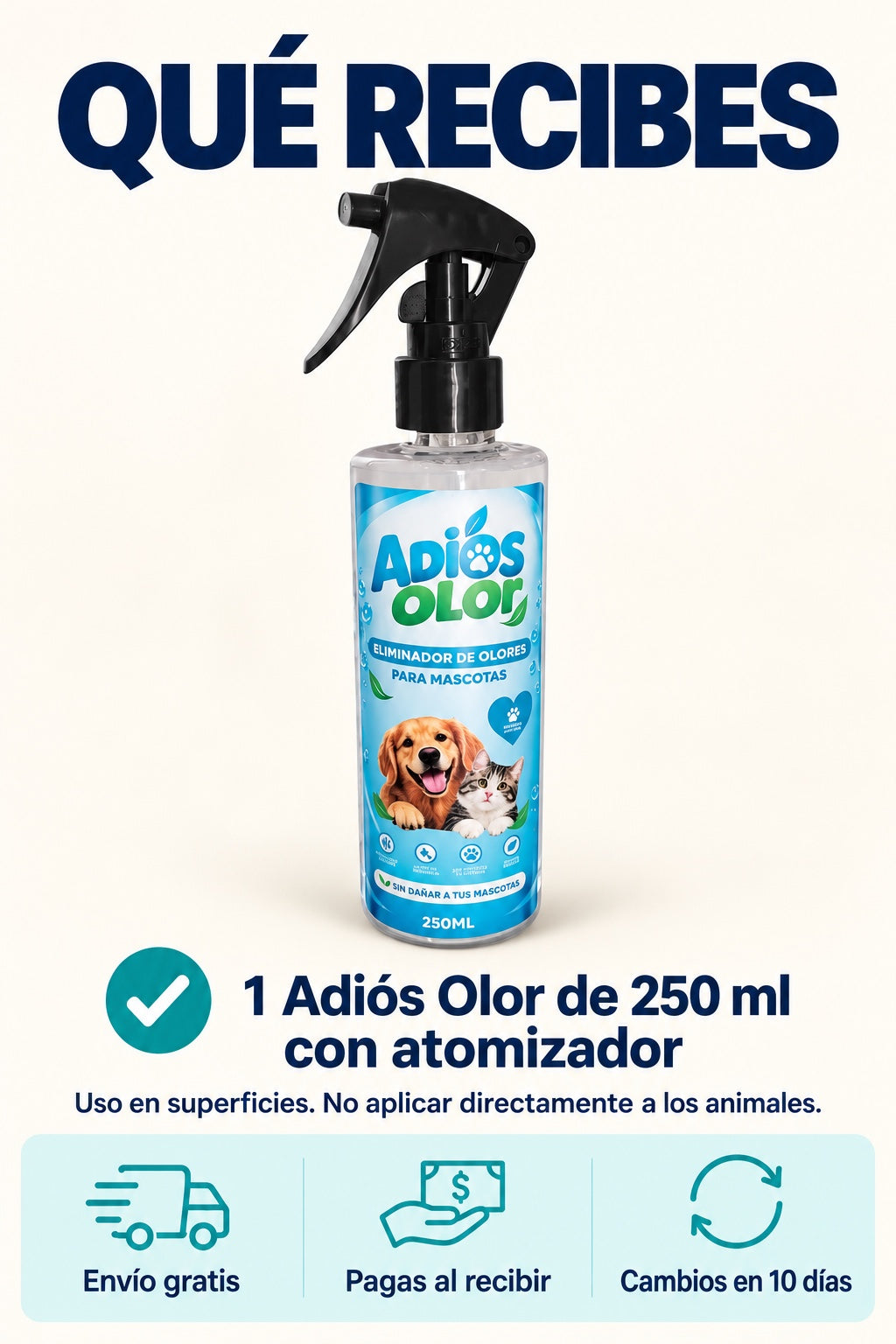 Que recibes: 1 Adios Olor de 250 ml con atomizador, uso en superficies