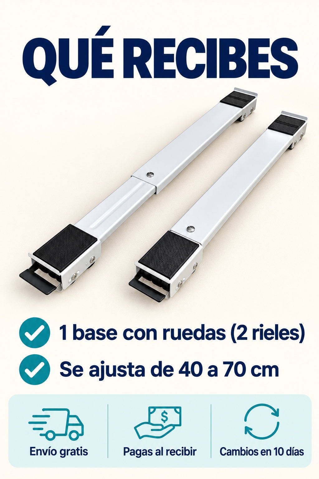 Que recibes: 1 base con ruedas de 2 rieles que se ajusta de 40 a 70 cm