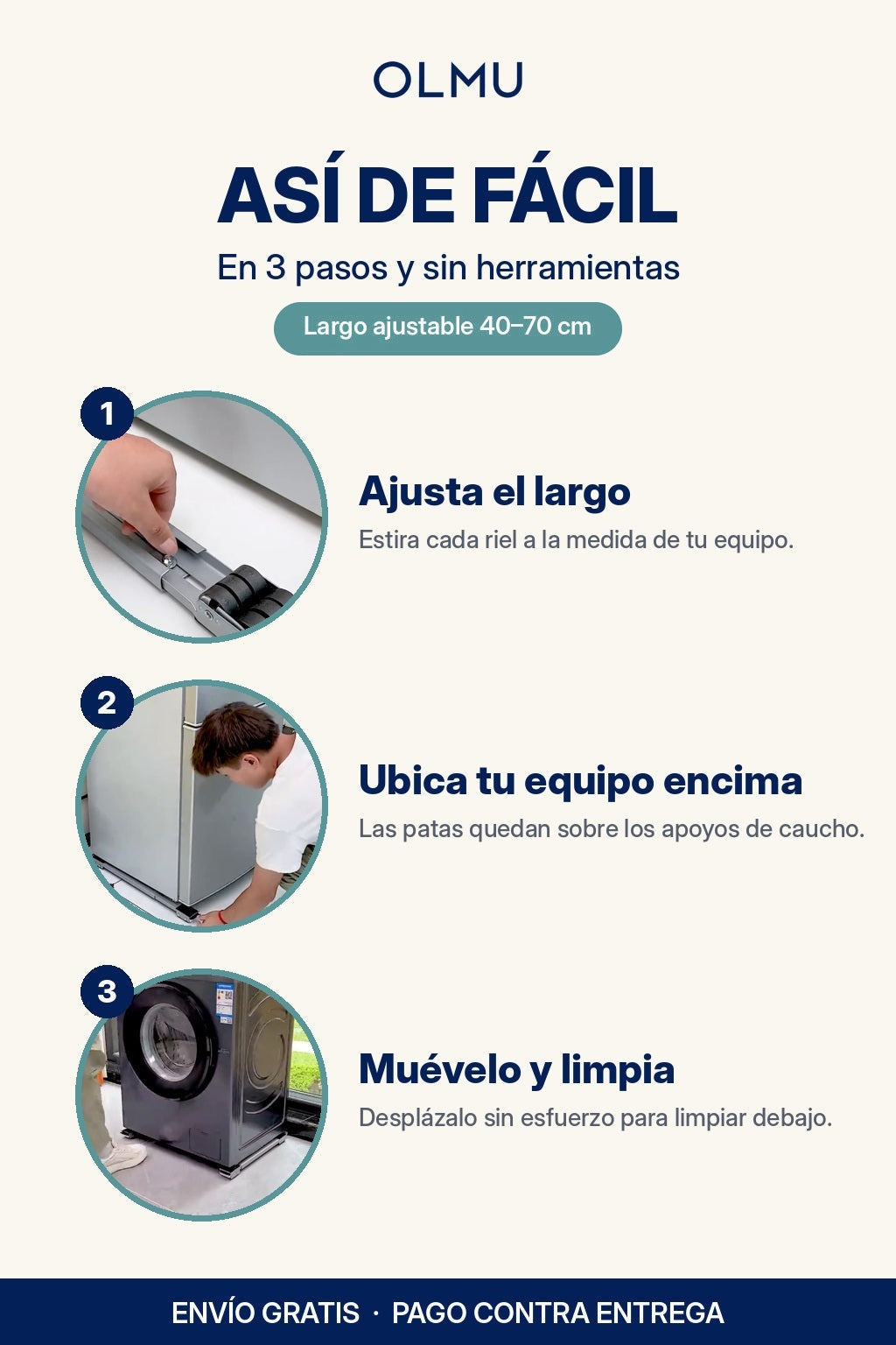 Cómo usar la base con ruedas: ajusta el largo, ubica el equipo y muévelo