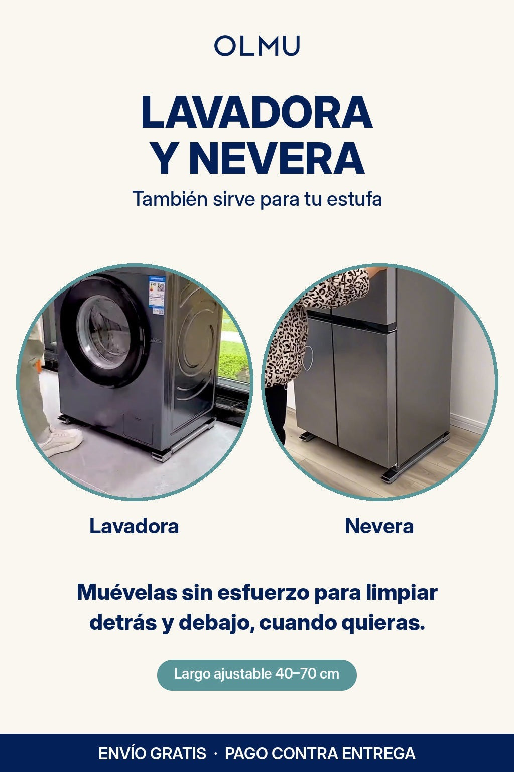 Lavadora y nevera sobre la base con ruedas OLMU