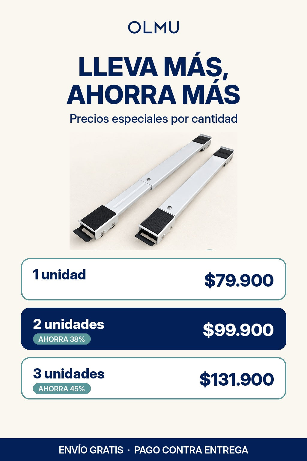 Precios por cantidad de la base con ruedas: 1 unidad $79.900, 2 unidades $99.900, 3 unidades $131.900