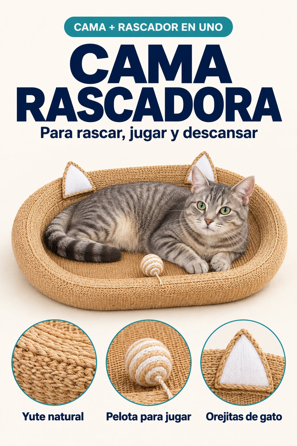 Cama rascadora para gatos de yute: cama y rascador en uno, con pelota y orejitas