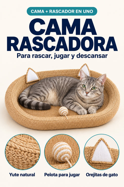 Cama rascadora para gatos de yute: cama y rascador en uno, con pelota y orejitas