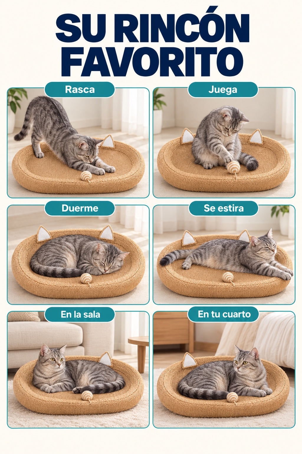 Gato usando la cama rascadora para rascar, jugar, dormir y estirarse