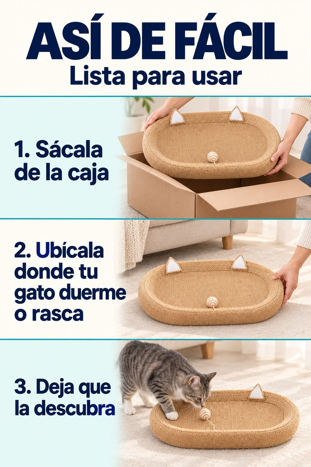 Asi de facil: saca la cama de la caja, ubicala y deja que tu gato la descubra