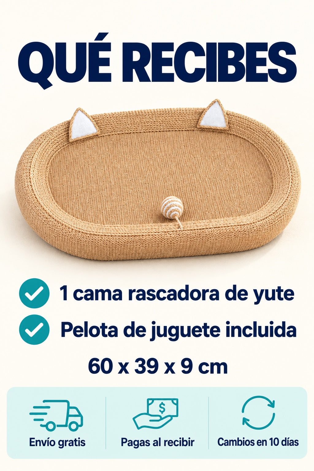 Que recibes: 1 cama rascadora de yute con pelota de juguete, 60 x 39 x 9 cm
