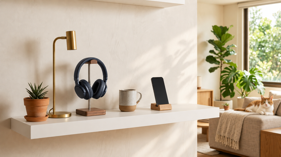 Repisa minimalista con tecnología cotidiana y un gato al fondo; ambiente de marca editado con IA.