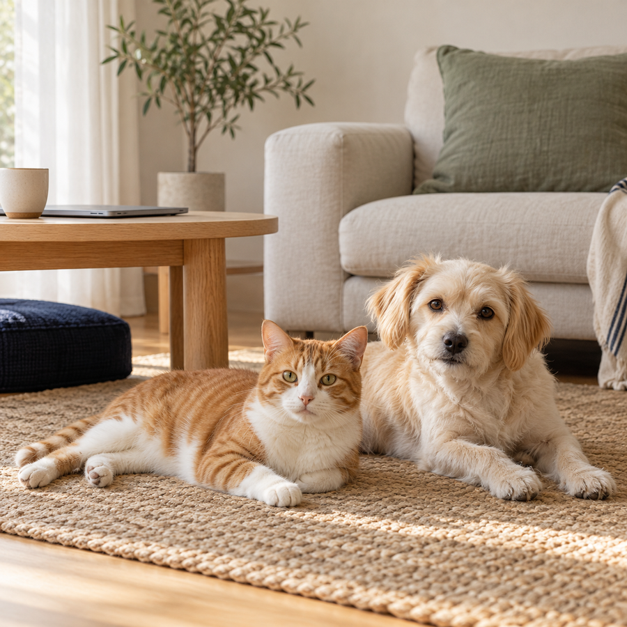 Gato y perro descansando en una sala luminosa; ambiente de marca creado con IA.
