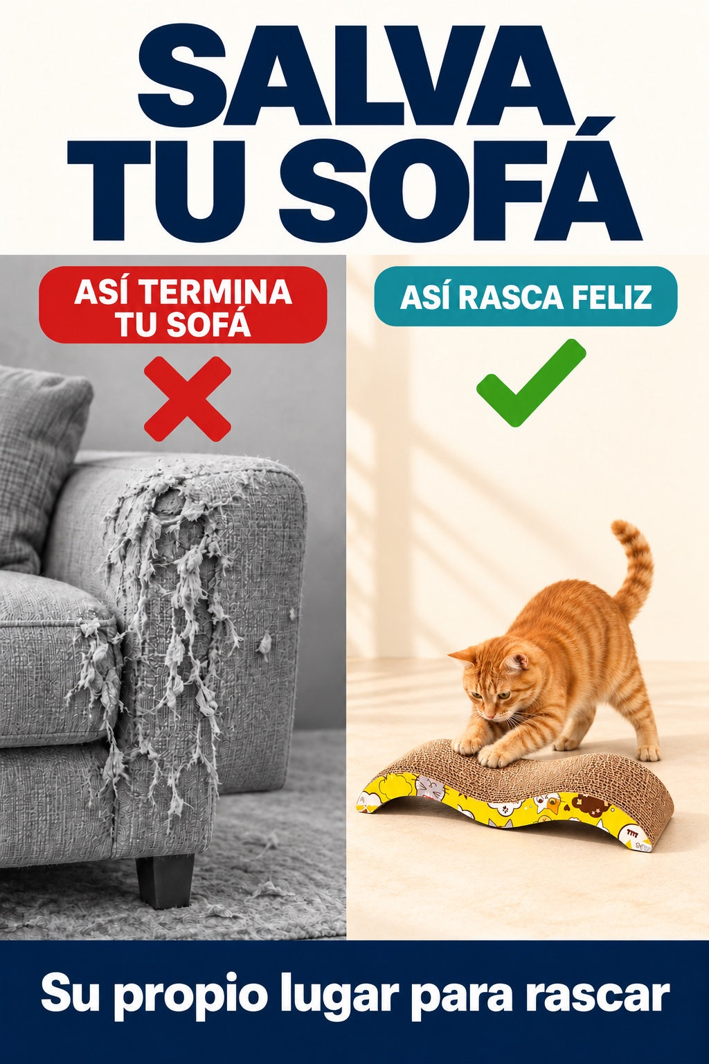 Salva tu sofa: sofa aranado frente a gato rascando el rascador de carton