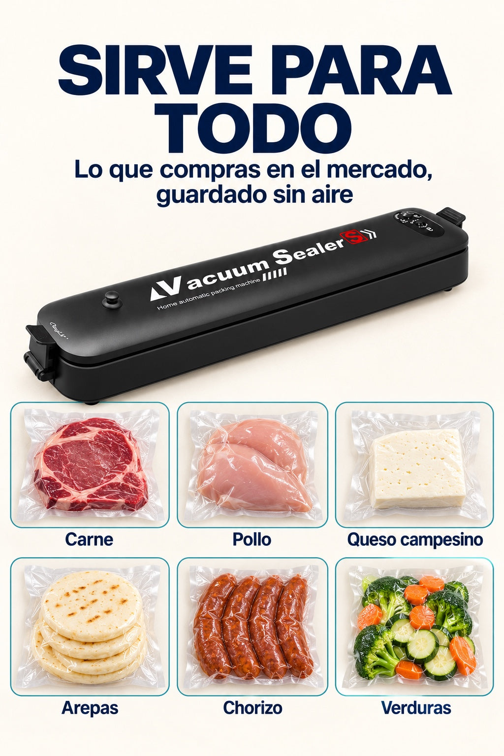 La selladora al vacio sirve para carne, pollo, queso campesino, arepas, chorizo y verduras