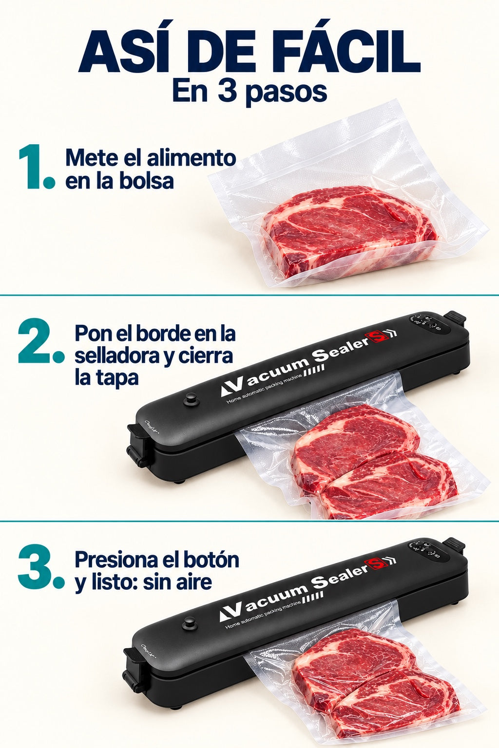 Como usar la selladora al vacio en 3 pasos: meter el alimento, poner el borde y presionar el boton