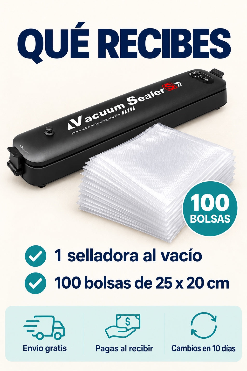 Que recibes: 1 selladora al vacio y 100 bolsas de 25 x 20 cm, con envio gratis y pago al recibir