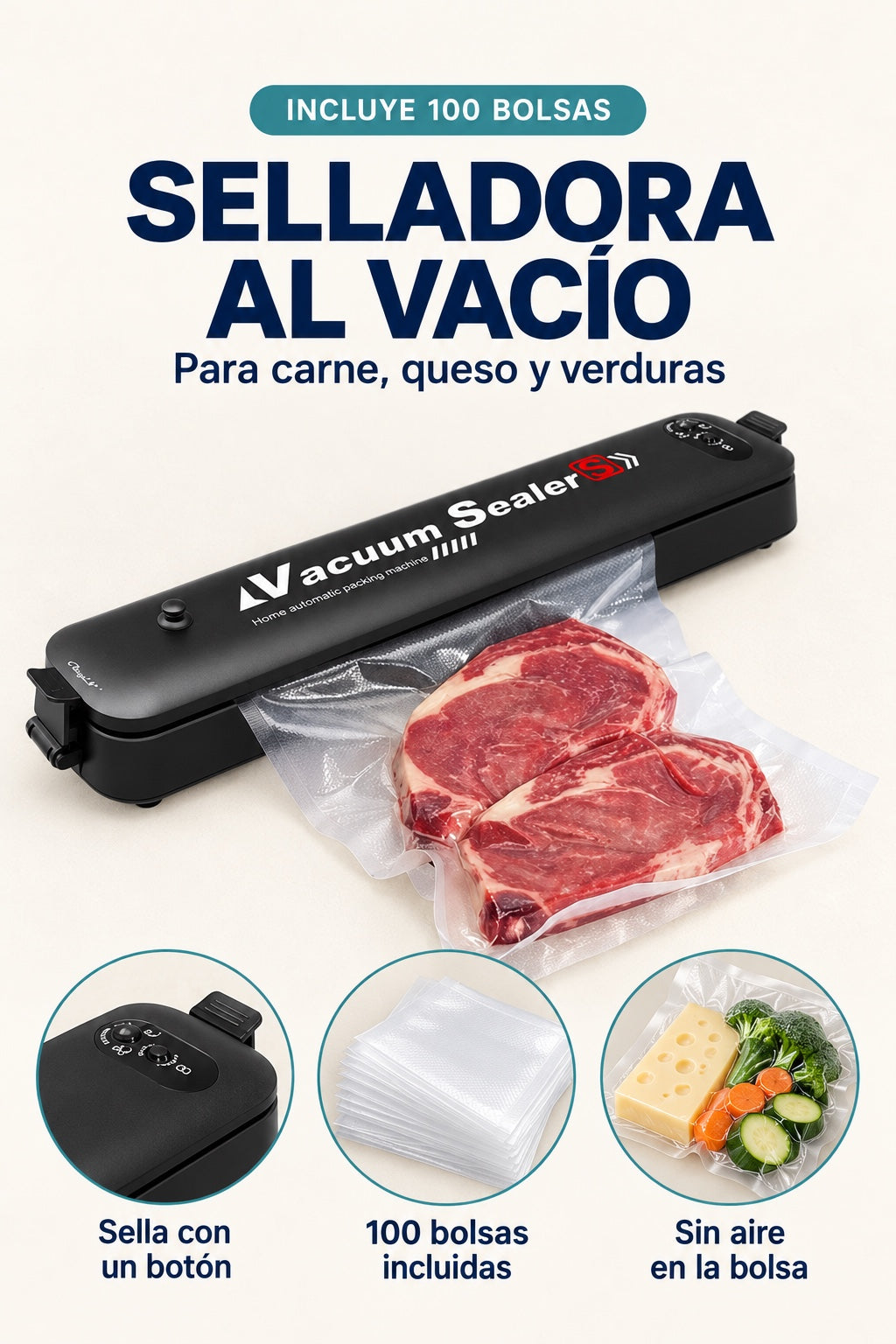 Selladora al vacio negra que incluye 100 bolsas, para carne, queso y verduras