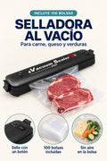 Selladora al vacio negra que incluye 100 bolsas, para carne, queso y verduras