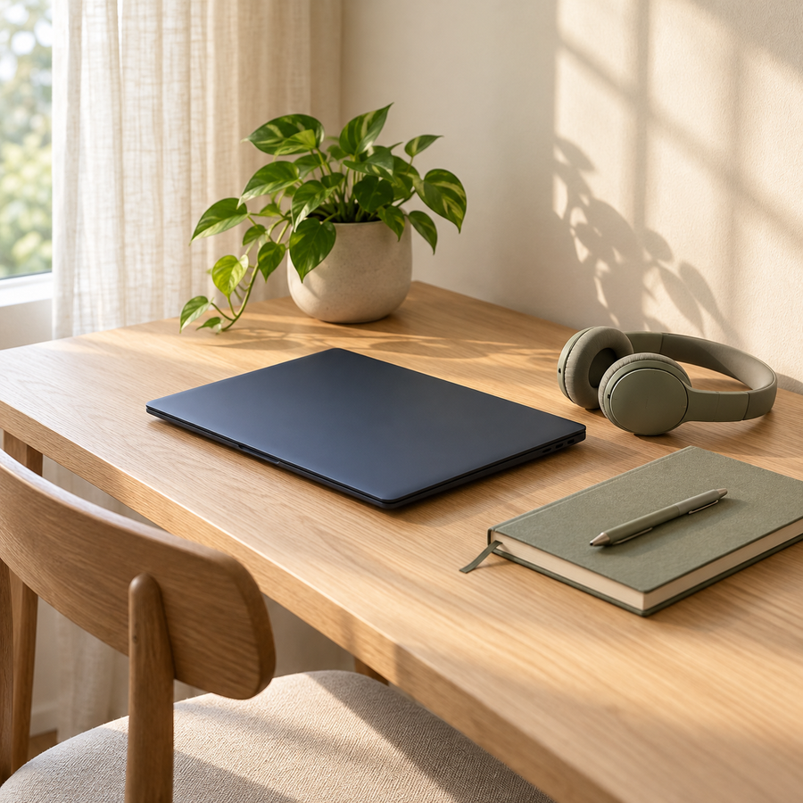Escritorio de madera con computador cerrado, audífonos y libreta; ambiente creado con IA.