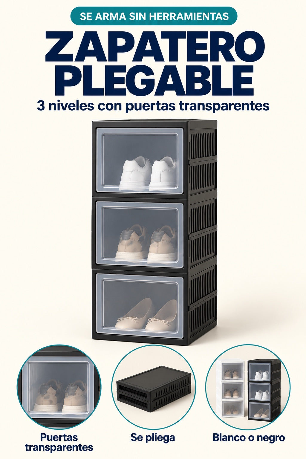 Zapatero plegable de 3 niveles con puertas transparentes, se arma sin herramientas