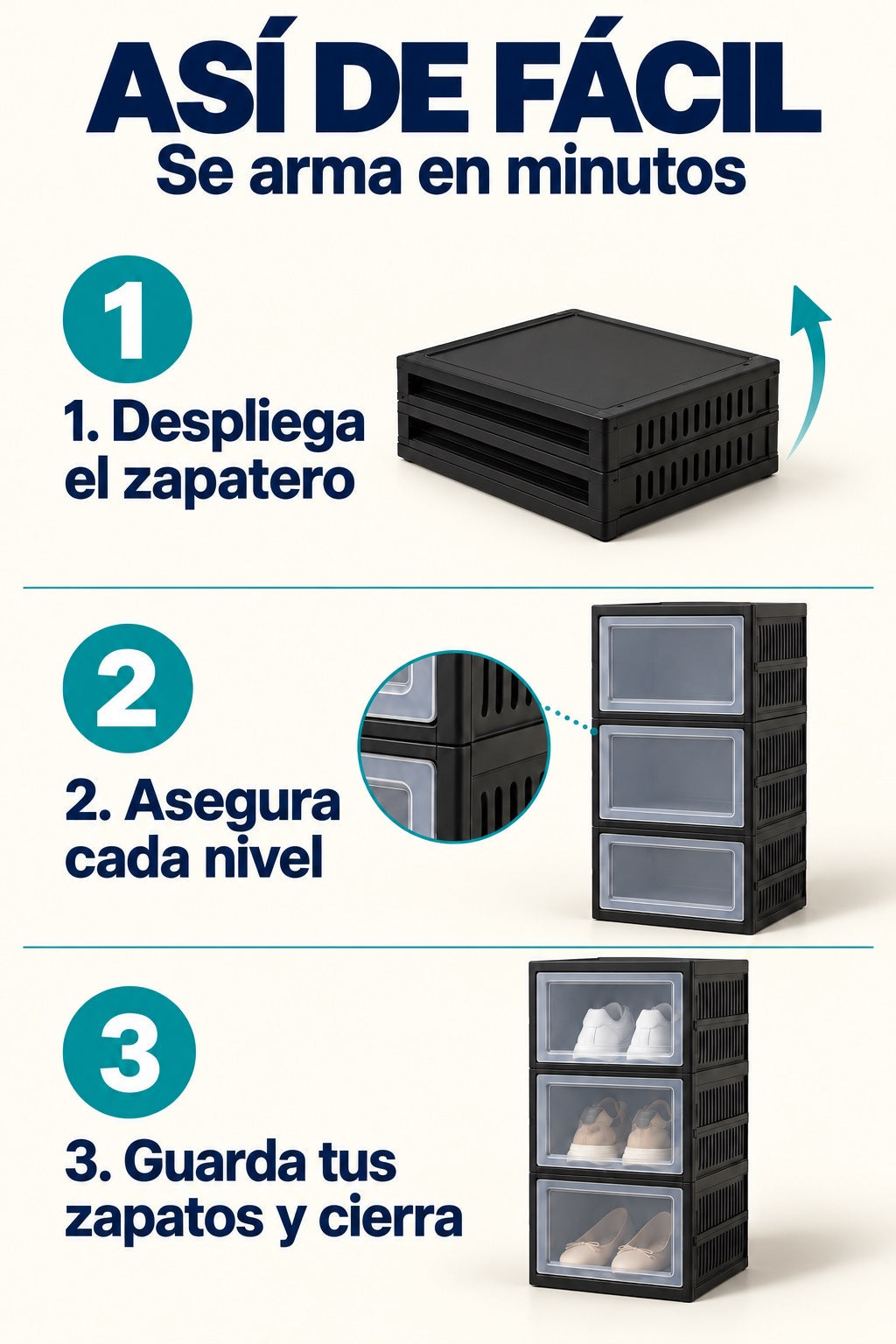 Asi de facil: despliega el zapatero, asegura cada nivel y guarda tus zapatos
