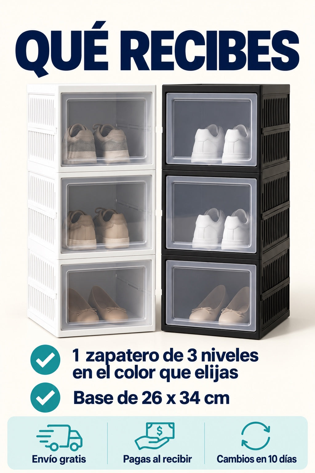 Que recibes: 1 zapatero de 3 niveles en blanco o negro, base de 26 x 34 cm