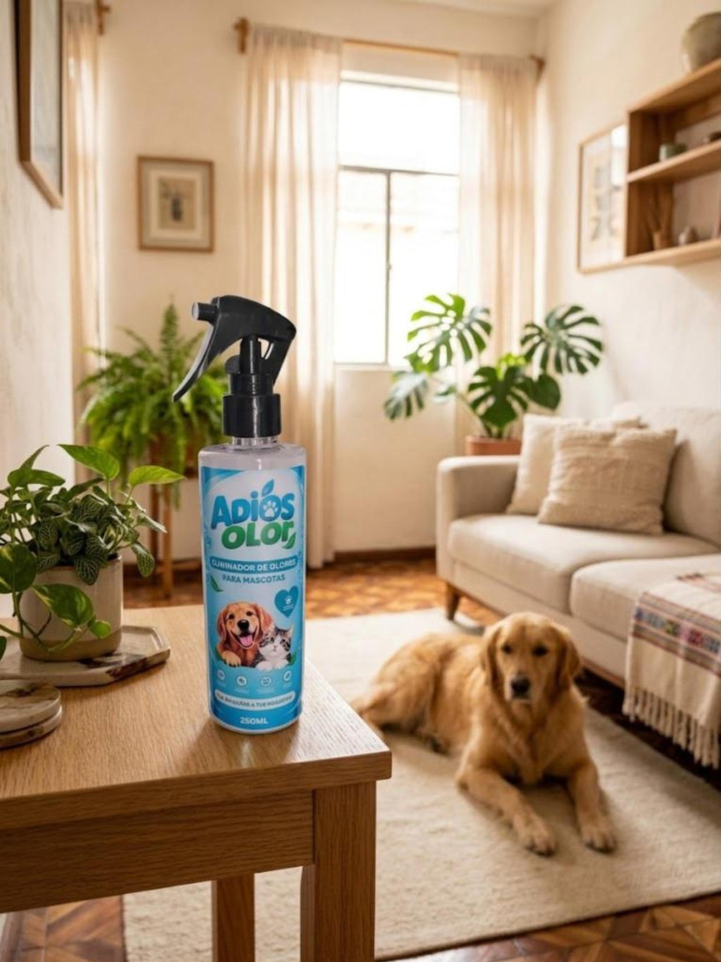 Frasco de Adiós Olor sobre una mesa de la sala de un hogar con perro